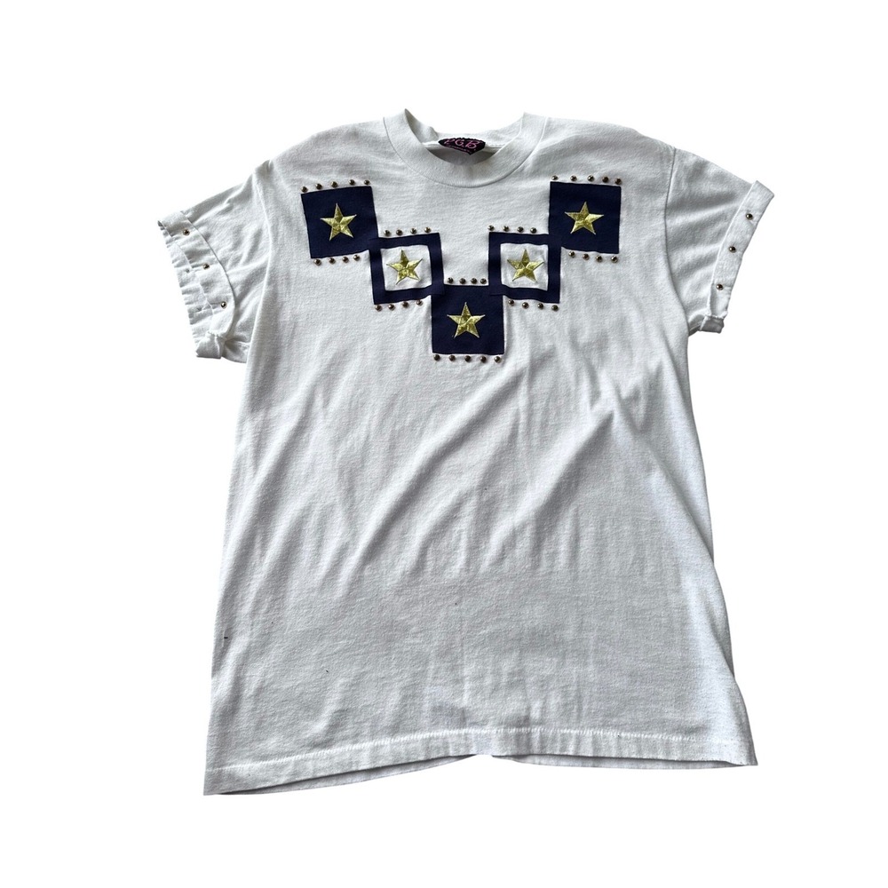 Vintage PGB White T Shirt Gold Stars Navy Patches Studded Cuffed Sleeve Retro L‎